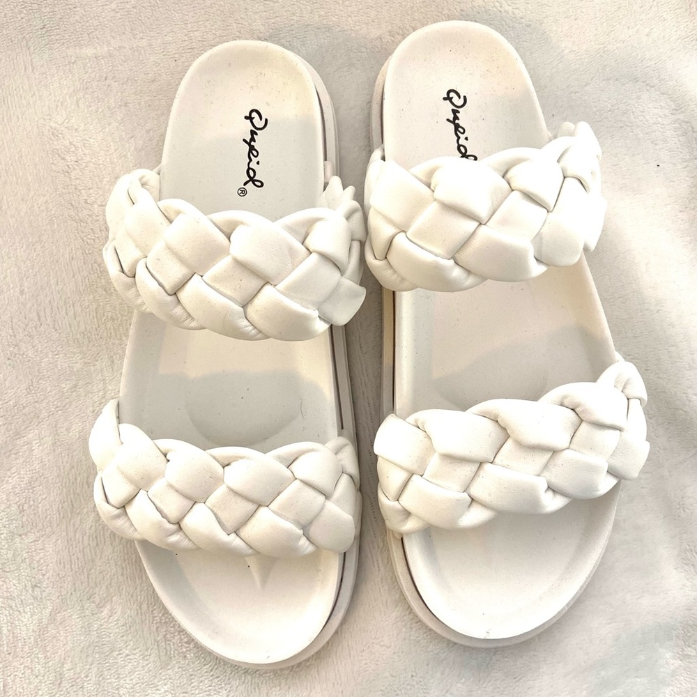 Braided double strap white sandals